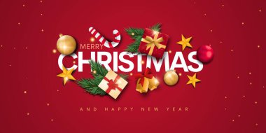 Noel kutlaması vektör arkaplan tasarımı. Çam ağacı, şeker kamışı ve hediye kutuları ve kırmızı zarif arkaplanda dekorasyon unsurları olan Noel mesajları..