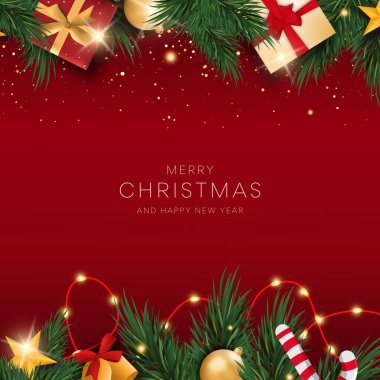 Noel kutlaması vektör arkaplan tasarımı. Çam ağacı, şeker kamışı ve hediye kutuları ve kırmızı zarif arkaplanda dekorasyon unsurları olan Noel mesajları..