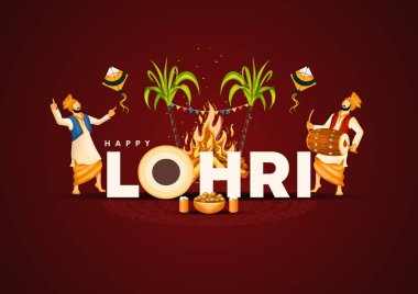 Indian Punjabi festival of lohri celebration fire background with decorated drum and bonfire with festival elements. vector illustration design. clipart