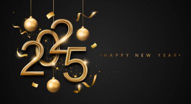 Saat ve konfeti vektörlü mutlu yıllar 2025 metin tasarımı. Gerçekçi 3 boyutlu yeni yıl 2025 vektör tasarımı.