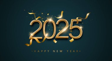 Saat ve konfeti vektörlü mutlu yıllar 2025 metin tasarımı. Gerçekçi 3 boyutlu yeni yıl 2025 vektör tasarımı.