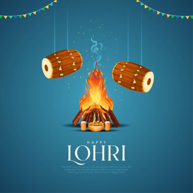 Punjab Hindistan arkaplanının Lohri festivali kutlu olsun. Lohri dansı yapan bir grup insan. vektör illüstrasyon afiş tasarımı