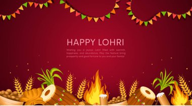 Punjab Hindistan arkaplanının Lohri festivali kutlu olsun. Lohri dansı yapan bir grup insan. vektör illüstrasyon afiş tasarımı