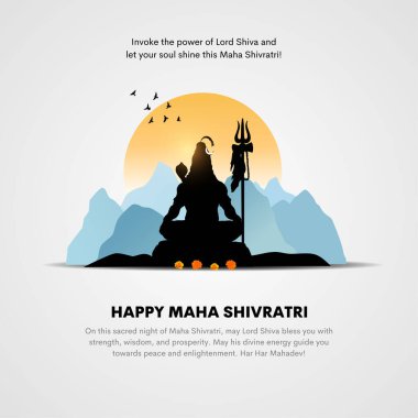 Mutlu Hint maha shivratri dini festival arka planının vektör çizimi, Şiva lingam ile konsept, siluet mahadev. Himalaya geçmişi. Tebrik kartı, afiş, broşür, yaratıcı yazı.