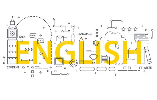 İngilizce öğrenme. Web sitesi arayüzü tasarımı için vektör illüstrasyonu, eğitim ögeleriyle soyut İngilizce kelime, öğrenme dili. Çevrimiçi İngilizce dersi