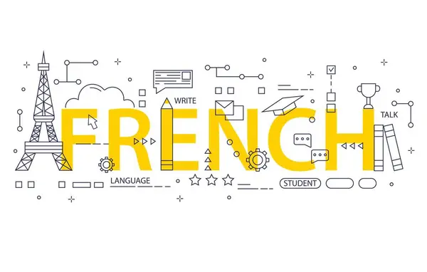 Fransızca öğrenme. Web sitesi arayüz tasarımı ve öğrenme dili için vektör illüstrasyonu. Çevrimiçi rota Fransızca