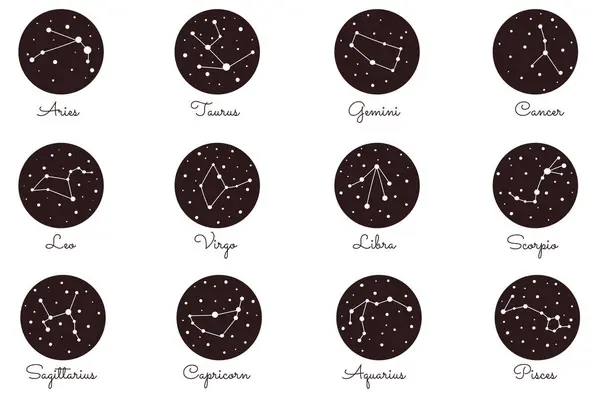Zodiac takımyıldızı. Koç, boğa, ikiz, kanser, aslan, başak, terazi, akrep, balık. Zodiac simgesi düz simge seti