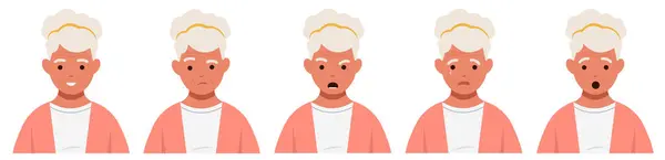 Çeşitli duygular ve yüz ifadeleri büyükanne. Farklı duyguları olan bir karakter. Kızgın, mutlu, ağlayan, endişeli. Değişik duyguları olan bir büyükanne. Renkli düz vektör çizimi