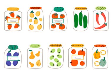 Sebze turşulu cam kavanozlar ve meyveler. Çizgi film düz vektör çizimi. Konserve meyve ve sebzelerin vektör çizimi, sağlıklı yemek seti