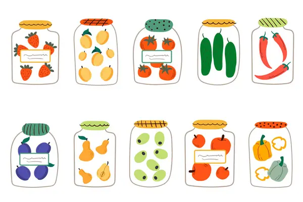 Sebze turşulu cam kavanozlar ve meyveler. Çizgi film düz vektör çizimi. Konserve meyve ve sebzelerin vektör çizimi, sağlıklı yemek seti