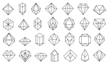 Elmas şekiller ayarlandı. Elmaslar, lüks mücevher taşları. Kristal değerli taş. Satır simgesi ayarlandı