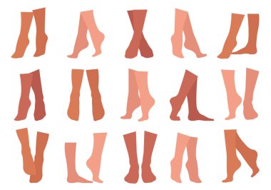 İnsan ayağı. Farklı çıplak ayak pozisyonları. Çıplak insan ayakları. Sağlıklı deri, tırnaklar, vücut anatomisi elementleri. Ayak bakımı ve kozmetik tedavi. Vektör illüstrasyonu