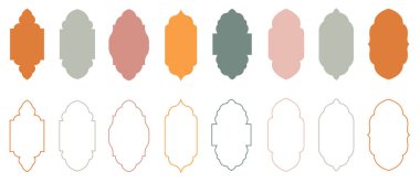 Doğu tarzı İslami kemer ve pencere koleksiyonu. İslami mimari unsurlar. Ramazan. Cami kapısı şekli. Vektör illüstrasyonu