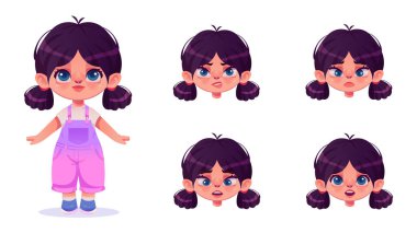 Kız yüzü. Küçük kız çizgi film stili. Çocuk ve farklı duyguları olan yüzü. Yüz ifadesi ayarlandı. Pembe tulumlu bebek..