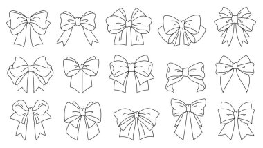 Fiyonk ve kurdele seti. Doğum günü, düğün, Noel, yeni yıl için hediye paketleme için eğil. Vektör illüstrasyonu beyaz arkaplanda izole edildi