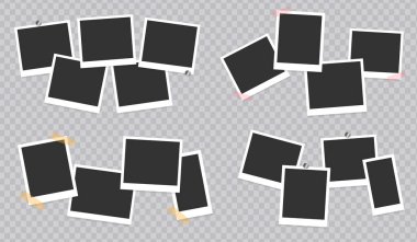 Çerçeve koleksiyonu. Fotoğraf çerçeveleri bantla korunur ve şeffaf bir arkaplanda fotoğraf çekilir. Vektör illüstrasyonu