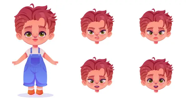 Kız yüzü. Küçük kız çizgi film stili. Çocuk ve farklı duyguları olan yüzü. Yüz ifadesi ayarlandı. Pembe tulumlu bebek..