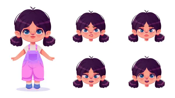 Kız yüzü. Küçük kız çizgi film stili. Çocuk ve farklı duyguları olan yüzü. Yüz ifadesi ayarlandı. Pembe tulumlu bebek..