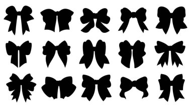 Farklı stillerde minimalist siyah yay siluetleri. Logo tasarımı, şablonlar, simgeler, çıkartmalar ve zarif dekoratif öğeler için harika. Düz tasarımda basit vektör şekilleri.