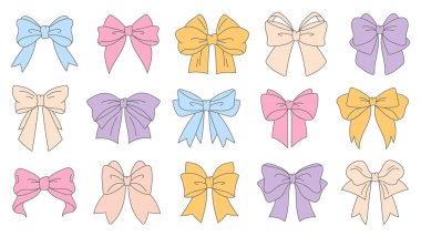 Parlak ve oyuncu vektör seti çok renkli yaylar. Çocuk projeleri, kutlamalar, ambalajlar, hediye paketleri ve şenlikli çizimler için mükemmel. Çeşitli şekilleri ve canlı tonları içerir.