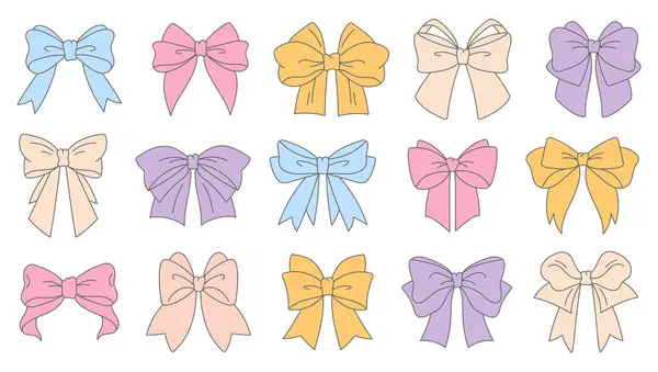 Parlak ve oyuncu vektör seti çok renkli yaylar. Çocuk projeleri, kutlamalar, ambalajlar, hediye paketleri ve şenlikli çizimler için mükemmel. Çeşitli şekilleri ve canlı tonları içerir.