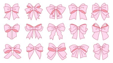 Çeşitli şekillerde pembe fiyonklardan oluşan büyüleyici bir koleksiyon. Kadınsı tasarımlar, ambalajlar, bebek partisi davetiyeleri, kartlar ve dekoratif projeler için ideal. Yumuşak pastel tonlar ve şirin vektör biçimi.