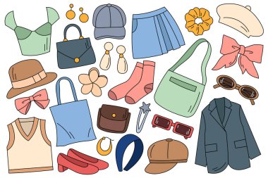 Yumuşak renk aksanlı sanat tarzında minimal bahar aksesuarları koleksiyonu. Mevsimlik tasarım projeleri ve moda içeriği için mükemmel.