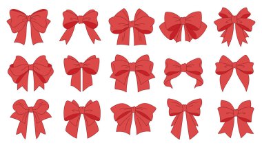 Vektör kırmızı fiyonkları temiz ve elle çizilmiş bir şekilde ayarlandı. Tatil kartları, ambalaj, markalaşma, bebek partisi dekorasyonu ve DIY projeleri için ideal. Parlak ve büyüleyici renkli dekoratif kurdeleler..