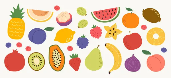 Düz tarzda renkli minimalist meyveler. Sağlıklı yiyecekler, ambalaj ve ağ için modern yaz tasarım elementleri
