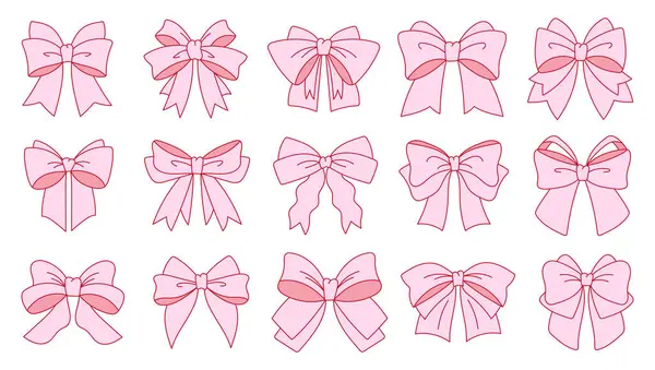 Çeşitli şekillerde pembe fiyonklardan oluşan büyüleyici bir koleksiyon. Kadınsı tasarımlar, ambalajlar, bebek partisi davetiyeleri, kartlar ve dekoratif projeler için ideal. Yumuşak pastel tonlar ve şirin vektör biçimi.