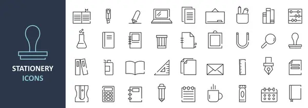 Kırtasiye malzemelerinin minimalist doğrusal simgeleri. Kalemler, kalemler, defterler, makas ve daha fazlasını içerir.