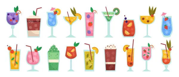 Renkli içecekler, kokteyller ve pipetli meyve içeceklerinin yer aldığı minimalist yaz içecekleri. Yumuşak pastel renkler, düz tasarım tarzı, ana hatları yok. Yaz tasarım projeleri, web, ambalaj ve baskılar için mükemmel.