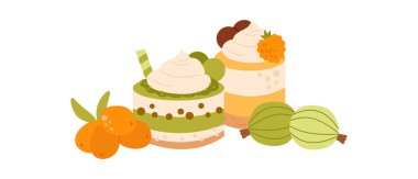 Böğürtlen ve tatlı ile renkli kompozisyonların toplanması. Düz minimal stil, ambalaj, poster ve markalaşma için mükemmel..