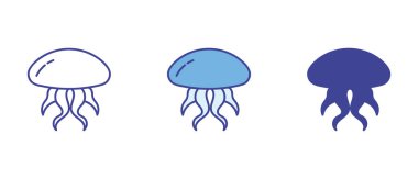 Denizanası ikonu seti üç renkli, ana hatlı ve siluetli. Deniz bilgi grafikleri, sualtı temalı tasarımlar ve çıkartmalar için ideal..