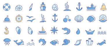 Yumuşak renk aksanlı deniz ve deniz doğrusal simgeler kümesi. Minimalist el çizimi tarzı. Deniz kabukları, çapalar, denizyıldızları, dalgalar, balıklar, tekneler, direksiyon simidi ve daha fazlasını içerir. Yaz tasarımı için mükemmel, plaj projeleri, seyahat blogu görselleri
