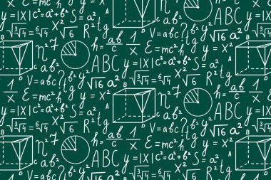 Matematik formülleri ve diyagramlar ile karatahta benzeri arka planda kusursuz desen tekrarlanıyor. Eğitim materyalleri ve dijital ürünler için ideal.