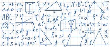 Matematiksel elementler, formüller ve diyagramlar kare kağıt dokusu üzerine. Eğitici görseller ve çalışma temalı içerik için mükemmel.