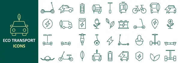Doğrusal çevre dostu taşıma simgeleri seti. Elektrikli araba, bisiklet, scooter, hibrit otobüs, şarj istasyonu ve daha fazlasını içerir.