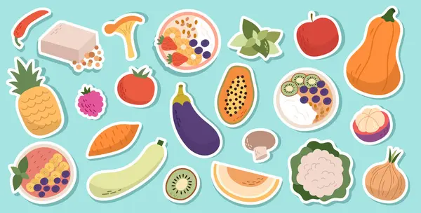 Düz tasarım ve yumuşak renk paletinde meyve ve sebzeli minimalist vejetaryen çıkartmaları. Taslak yok, temiz ve taze..