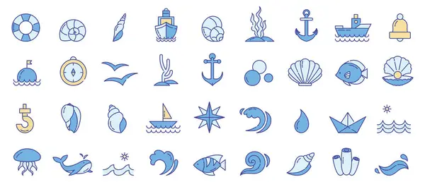 Yumuşak renk aksanlı deniz ve deniz doğrusal simgeler kümesi. Minimalist el çizimi tarzı. Deniz kabukları, çapalar, denizyıldızları, dalgalar, balıklar, tekneler, direksiyon simidi ve daha fazlasını içerir. Yaz tasarımı için mükemmel, plaj projeleri, seyahat blogu görselleri