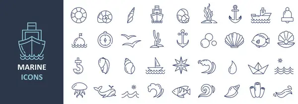 Temiz doğrusal tarzda deniz temalı taslak simgeler seti. Renklendirme sayfaları, bilgi grafikleri, çıkartmalar ve minimal tasarımlar için mükemmel.