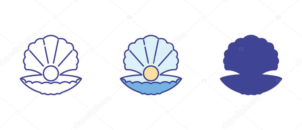 Marine shell icon pack in three versions  full color, linear outline, and solid black silhouette. Perfect for logos, stickers, and educational visuals.