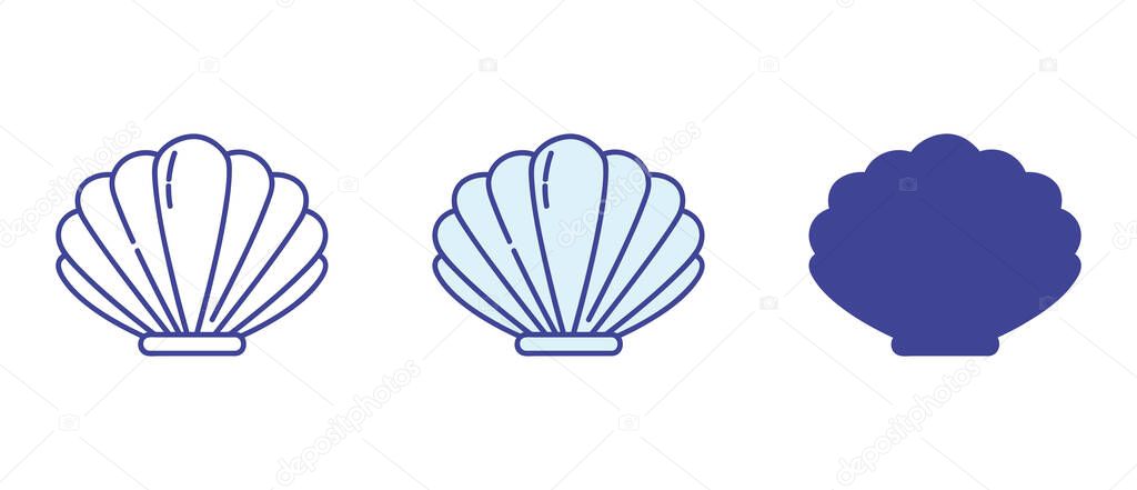 Shell icon in three styles  colorful, outline, and solid silhouette. Minimal marine design element for creative design projects.