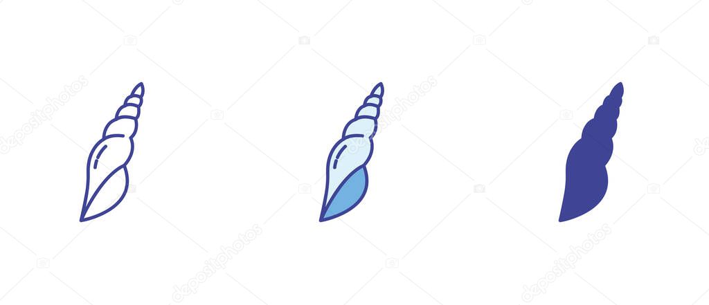 Third variation of a shell icon in three styles  full color, outline, and solid silhouette. A perfect minimal marine design element for creative use.