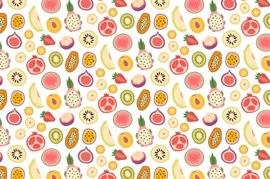 Kusursuz desenli, beyaz arka planda en az düz kesim meyveler. Paketleme, kumaş, ambalaj kağıdı ve web tasarımı için mükemmel..