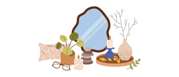 Ayna, aksesuarlı tepsi, mumlar ve rahat minimalist pastel tarzında bitkiler.