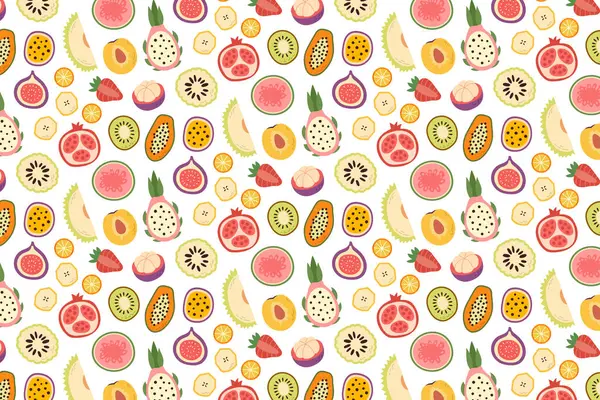 Kusursuz desenli, beyaz arka planda en az düz kesim meyveler. Paketleme, kumaş, ambalaj kağıdı ve web tasarımı için mükemmel..