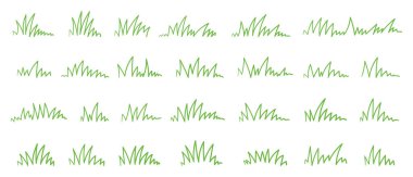 Çeşitli açı ve şekillerde minimalist yeşil çimen çizgisi elementleri.