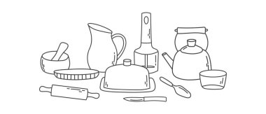 Yaratıcı bir kompozisyonda düzenlenmiş sevimli mutfak aletleri. Posterler, kartlar, kafe dekorasyonu ve yemekle ilgili içerik için harika.