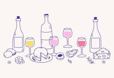 Şarap şişeleri, bardaklar ve piknik atıştırmalıklarıyla el yapımı karalama kompozisyonu. Açık hava yemek temaları için mükemmel..